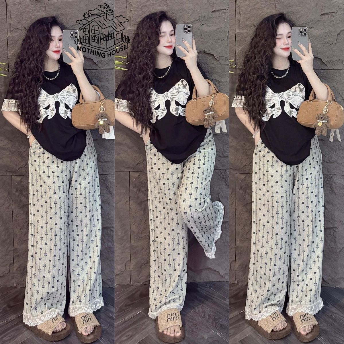 Korean Style Women's Sweet Two Piece Suit Lace Design Short Sleeved Top With Bow Wide Leg Pants Casual Summer Fashion Set_ecoleips.com