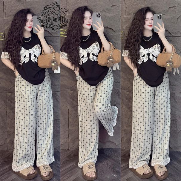 Korean Style Women's Sweet Two Piece Suit Lace Design Short Sleeved Top With Bow Wide Leg Pants Casual Summer Fashion Set_ecoleips.com