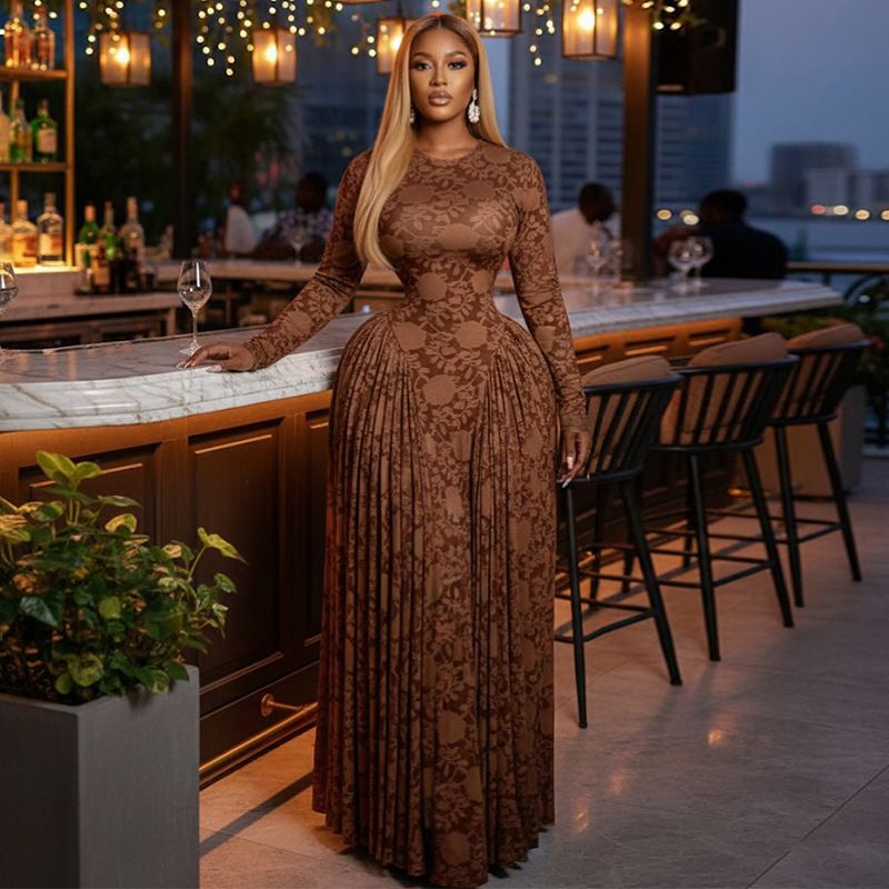 Women's Elegant Printed Slim Fit Long Sleeve Dress Round Neck Ruched Detail Spring New Style Clothing_ecoleips.com