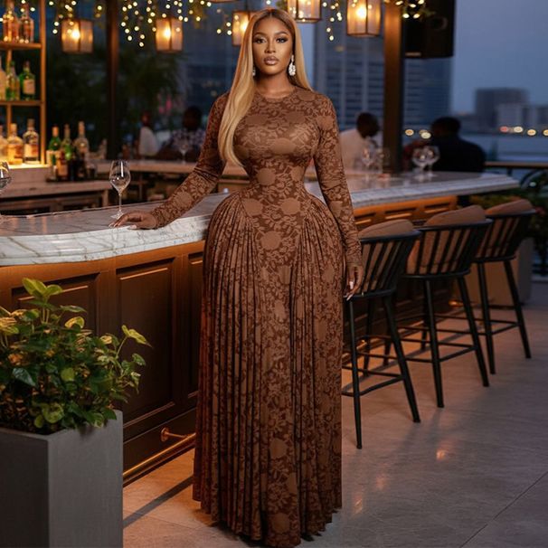 Women's Elegant Printed Slim Fit Long Sleeve Dress Round Neck Ruched Detail Spring New Style Clothing_ecoleips.com