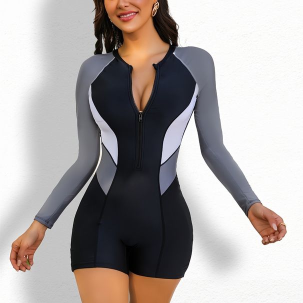 European And American Foreign Trade Long-sleeve Zippered Surfing One-piece Sun-protective Women's Swimsuit, Diving Suit,_ecoleips.com