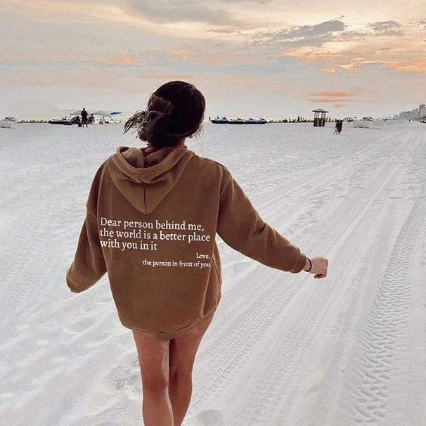 Women's Fleece Lined Sweatshirt Solid Color Letter Print With Kangaroo Pocket Drawstring_ecoleips.com