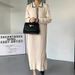 Women's Style Chic Retro Color Block Knit Dress Elegant Pleated Loose Long Skirt_ecoleips.com