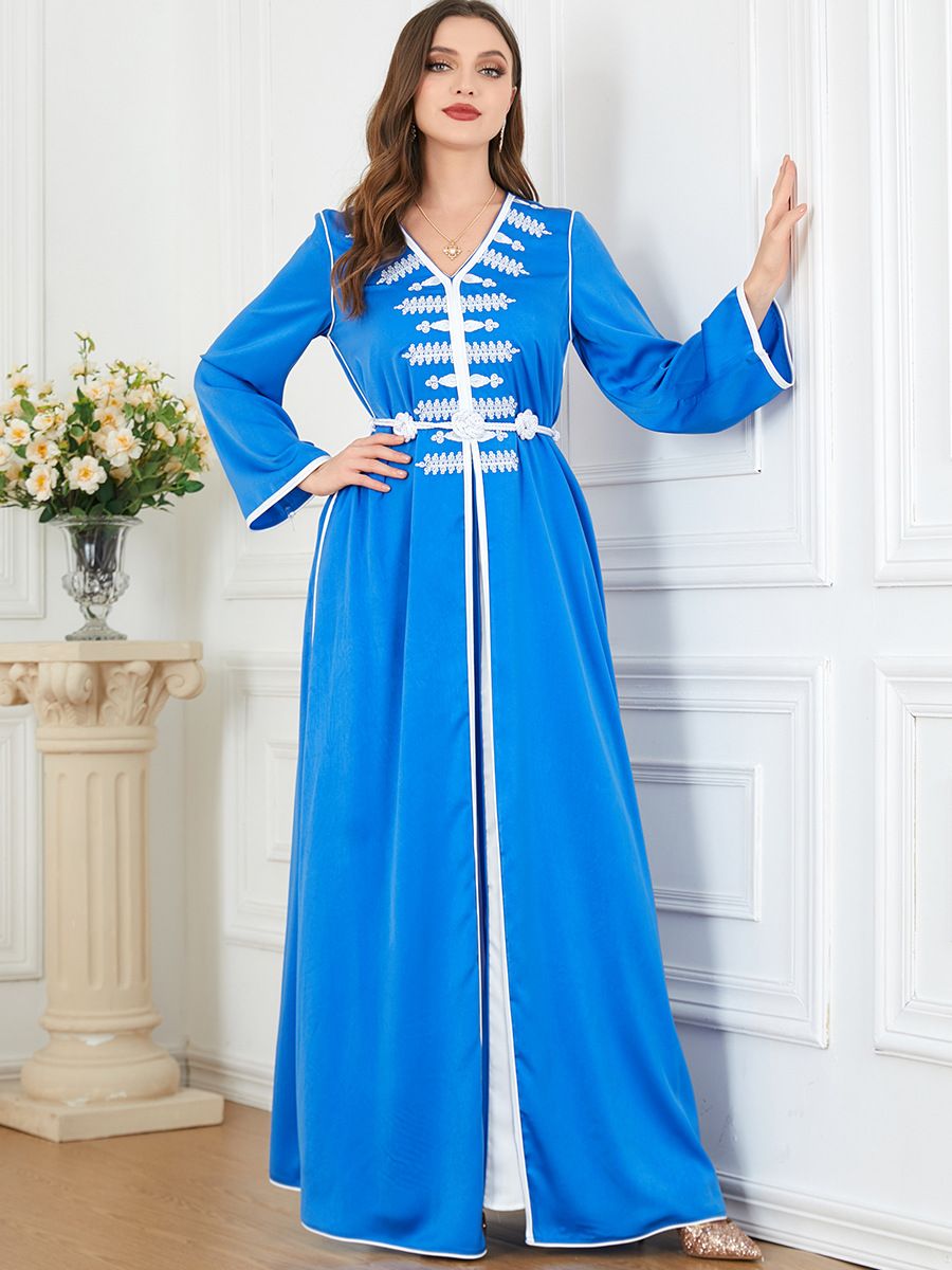 Muslim Dress Women Embroidered Long Robe Dress Two-Piece Set For Women, Traditional Middle Eastern Abaya With Belt, Blue Polyester Flowy Maxi Dress_ecoleips.com