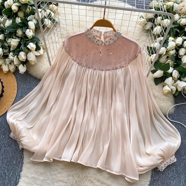 French-Inspired Embroidered Mesh Blouse – Glamorous Puff Sleeve Top With Crystal Embellishments (Oversized Fit)_ecoleips.com