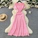 Women's Clothing French Style Elegant Sophisticated Beaded Round Neck French-Inspired Beaded Knit Dress – Round Neck, Short Sleeve & A-Line Midi_ecoleips.com