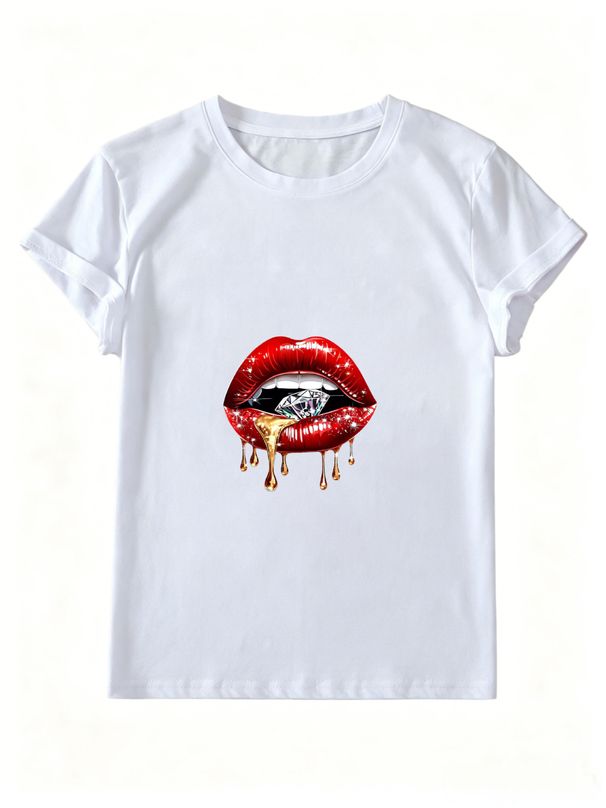 Women Summer Crew Neck Short Sleeve T-Shirt, Glossy Red Lips Diamond Golden Drip Sparkle Graphic Casual White Loose Hip Hop Streetwear Tee Top_ecoleips.com
