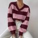 Cozy Oversized V-Neck Sweater Women's Casual Knit Top With Striped Design - Fall & Winter Warm Loose Fit Pullover_ecoleips.com