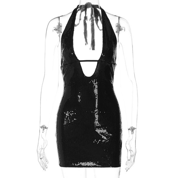 Women's Clothing Hot Girl Style Sexy Deep V Hollow Backless Nightclub Style Halter Neck Hip Dark Dress_ecoleips.com