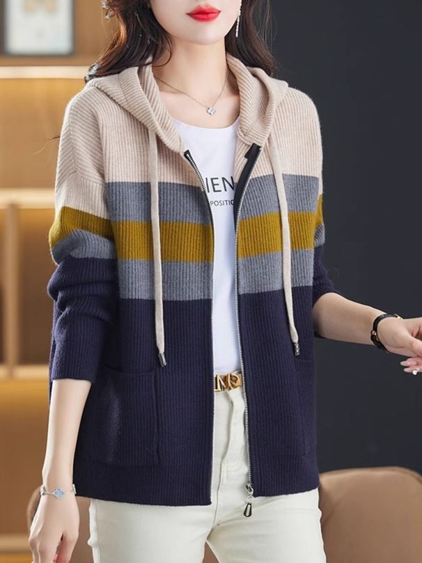 K Color Blocked Striped Double Zipper Hooded Knitted Cardigan Women's Loose And Slimming Sweater Top Jacket_ecoleips.com