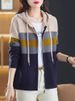 K Color Blocked Striped Double Zipper Hooded Knitted Cardigan Women's Loose And Slimming Sweater Top Jacket_ecoleips.com