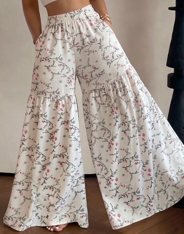 Womens Summer Casual Floral Print Flare Pants Loose Wide Leg Flowy Trousers Lightweight Mid Waist Boho Summer Pants_ecoleips.com