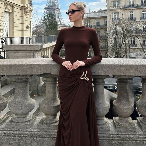 2025 French Women's Fashion Autumn Winter New Fashionable Elegant Sleeve Round Neck Long Solid Color Waist-Cinching_ecoleips.com