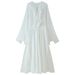 Elegant V-Neck Lace Trimmed Long Dress – Romantic & Chic Women's Evening Gown, Flowy & Feminine (White, S-L)_ecoleips.com