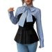 Elegant Striped Mock Two-Piece Blouse – Polyester-Spandex Blend Office Shirt With Peplum Hem (S/M/L/XL, Long Sleeve, Round Neck, Tailored Fit )_ecoleips.com