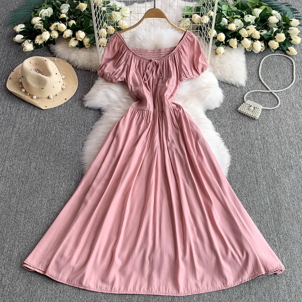 Women's Clothing Green Temperament Lace Up Square Neck Puff Sleeve Dress For Women Summer Pleated Waist Slim Long Skirt_ecoleips.com