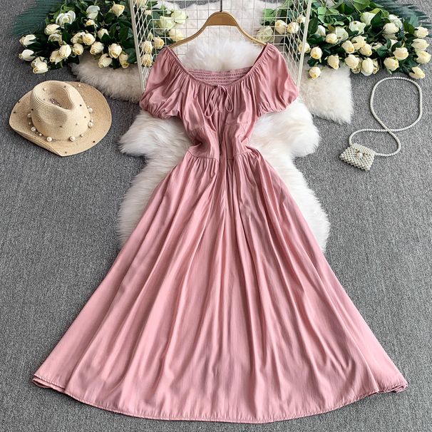 Women's Clothing Green Temperament Lace Up Square Neck Puff Sleeve Dress For Women Summer Pleated Waist Slim Long Skirt_ecoleips.com
