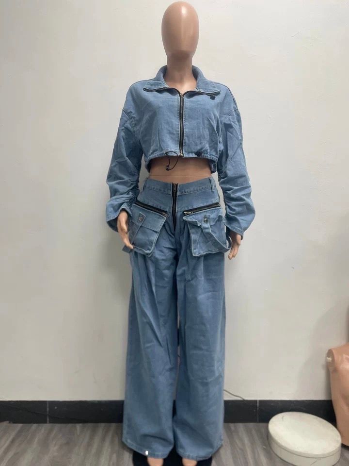Women's Clothing Fashion Loose Casual Short Jacket Wide Leg Trousers Denim Suit Women's Two Piece Suit_ecoleips.com