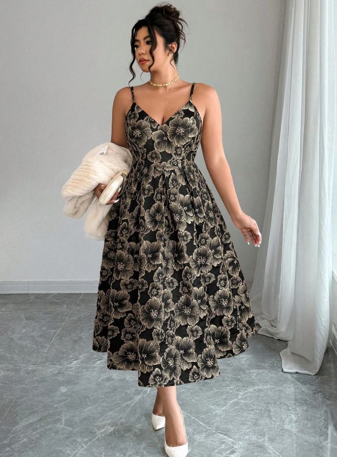 Plus Size Women's Embroidered Jacquard Wedding Guest Dress_ecoleips.com