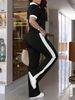 Women's Spring/Summer Collared Zipper Color Blocked T-Shirt Set with Elastic Waist Loose Pants Casual Everyday Outfit_ecoleips.com