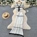 Women's Korean Style Workwear Knit Two Piece Set Summer V Neck Tie Waist Slim Fit White Color Block Stripes_ecoleips.com