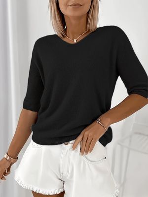 2026 Spring/Summer Light French Lazy Style V-neck Plush Textured Mid-Sleeve Knit Top For Women, Suitable For Casual Outings And Light Socializing,_ecoleips.com