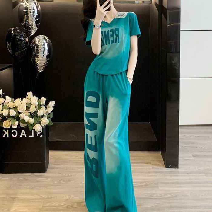 Korean Style Women's Summer Pant Set Slimming High End Lace Hooded Short Sleeve Wide Leg Two Piece Casual Sports Outfit_ecoleips.com