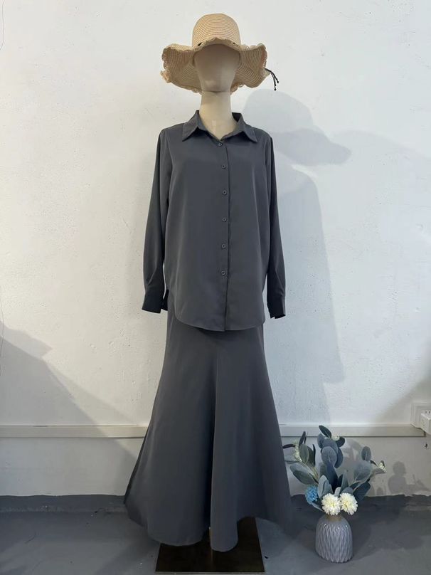 Modest Evening Dress Women's Summer Casual Long Sleeved Shirt Set Comfortable Two Piece Outfit With Loose Thin Long Skirt And Elastic Waist Gray_ecoleips.com