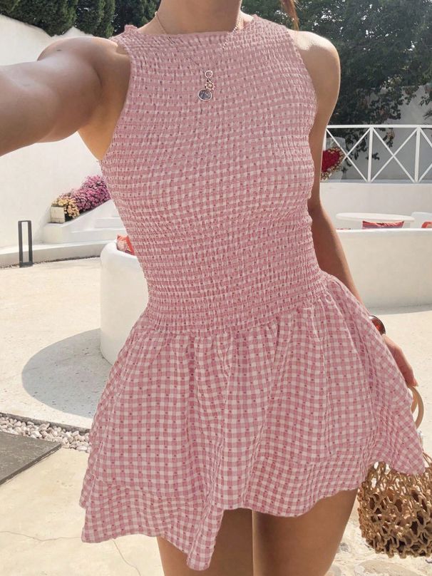 Women's One-Shoulder Pleated Plaid Sleeveless Puff Dress Spring/Summer Fashion Casual Maxi Dress_ecoleips.com