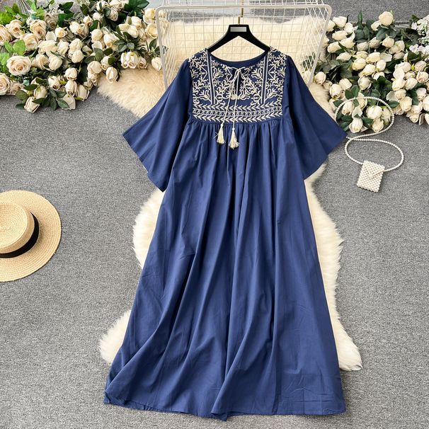 Women's Clothing Spring New Retro Heavy Embroidery Long Loose Belly Covering Slimming Holiday Dress_ecoleips.com