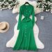 Parisian-Inspired Knit Midi Dress – Metallic Button Waist-Defining Elegance (Pink/Taupe/Black/Green/Burgundy/Purple/Coffee, Stretch Blend)_ecoleips.com