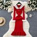 French Ruffle Hem Knit Dress With Contrast Peter Pan Collar – Elegant Long Sleeve Bodycon Dress_ecoleips.com
