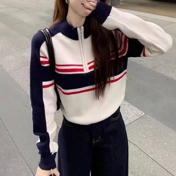 Women's Retro Street Style Color Block Striped Half Zip Knit Top Preppy Sportswear Autumn/Winter_ecoleips.com