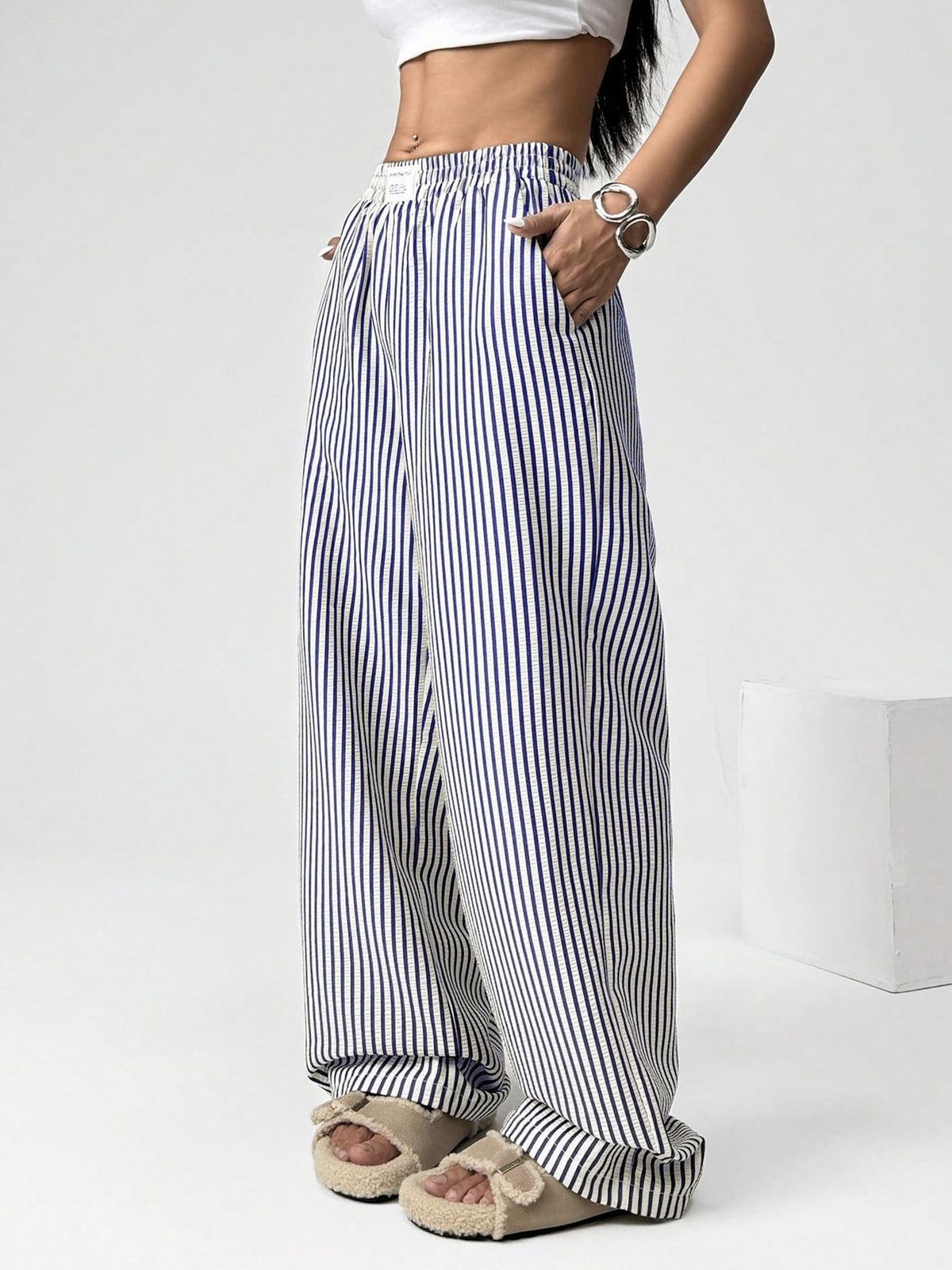 Women's Striped High Waist Wide Leg Casual Trousers Loose Fit Straight Pants With Pockets_ecoleips.com