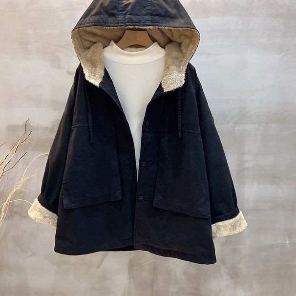 girl Girl Girl 2025 Winter New Mid-Length Hooded Fleece-Lined Thickened For Women Loose Cotton Coat Workwear Casual Jacket_ecoleips.com