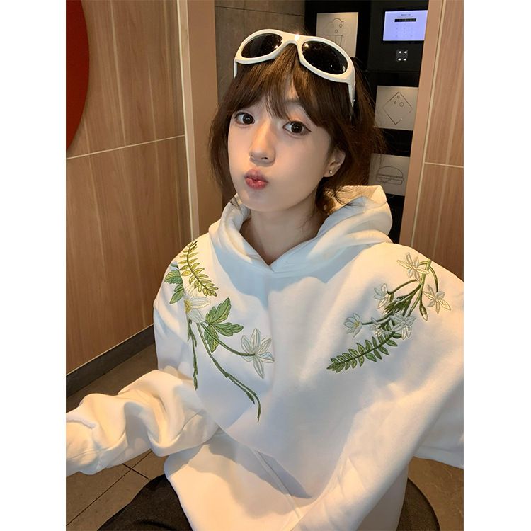 Women's Retro Embroidered Hooded Sweatshirt Casual Lazy Style Fleece Lined Thickened Men's Hoodie Heavy Duty Machine Embroidered for Autumn And Winter_ecoleips.com