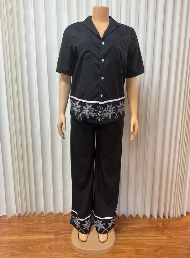 Women's Embroidered Shirt And Pants Two-Piece Set - Pocket Detail Lapel V-Neck Blouse With Straight-Leg Trousers_ecoleips.com