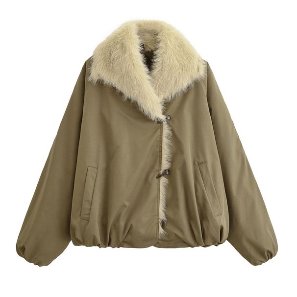 girl PB&ZA Women's Clothing 2025 Autumn New American Retro Style Wool Turn-Down Collar Horn Button Decorated Cotton Jacket_ecoleips.com