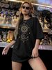 Women's Casual Black T-Shirt round Neck Short Sleeve Simple Sports Top with Planet & Moon Print European American Style Loose Fit Summer Top_ecoleips.com