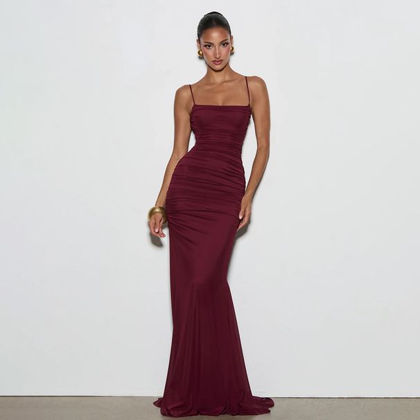 Women's Elegant Long Dress Solid Color Sleeveless Strapless Lace Up Backless Design Summer_ecoleips.com