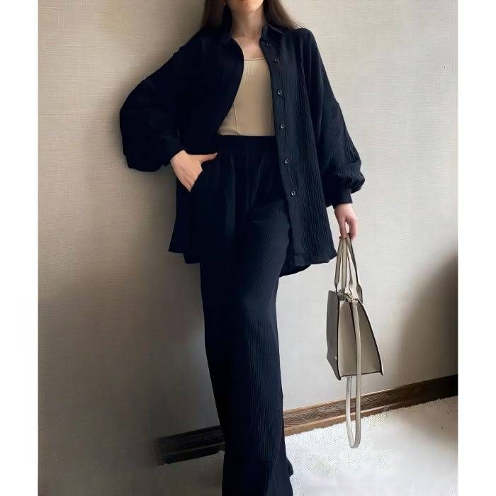 Women's Clothing Two Piece Suit Long Sleeved Lapel Shirt Button Top Elastic Waist Trousers Suit_ecoleips.com