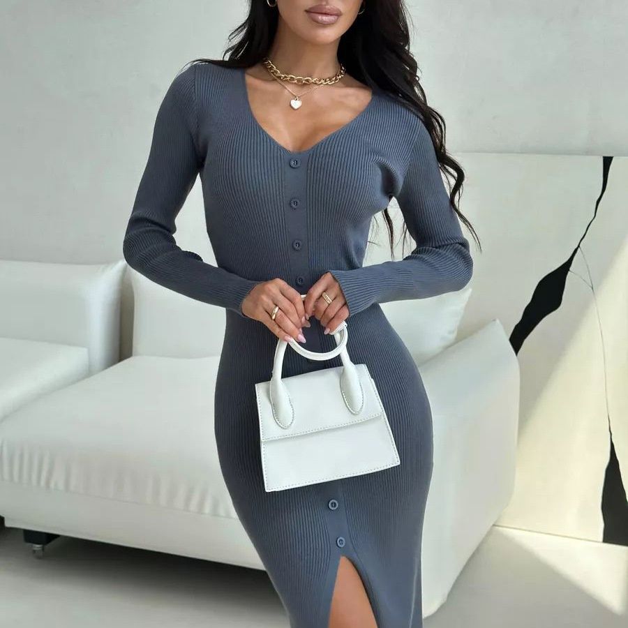 "Elegant High-Slit Bodycon Knit Dress – V-Neck Long Sleeve Stretch Midi (4 Colors, One-Size Fits US 4-10)"_ecoleips.com