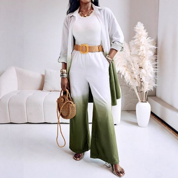 Women's Clothing Mid Waisted Pants Long Sleeved Ombre Gradient High Waist Pants & Long Sleeve Button-Up Coat Casual Loose Fit Matching Set_ecoleips.com