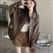 Retro Brown Leather Jacket For Women Spring Autumn Loose Motorcycle Style Elegant Fashion Polyester Top_ecoleips.com
