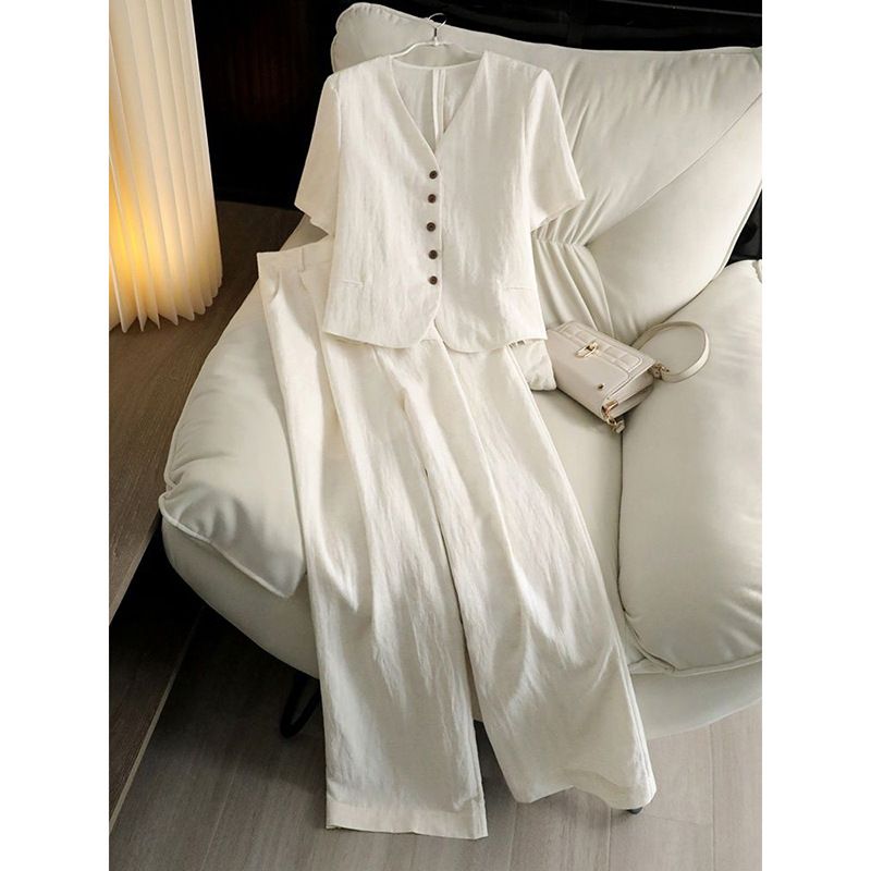 Women's Light Luxury Relaxed Casual Fashion Two Piece Set Short Sleeved Suit Jacket High Waisted Wide Leg Pants Breathable New Style_ecoleips.com