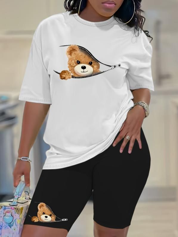 Summer Women's Casual And Fashionable Teddy Bear Graphic Printed Loose T-shirt Shorts Two-piece Sportswear Suitable For Daily Wear-146_ecoleips.com