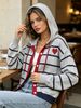 Grey Navy Stripe Heart Pit Rib Knit Hooded Cardigan, Loose Lightweight Breathable Soft Skin-touch Drawstring Button Jacket_ecoleips.com
