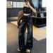 Women's Clothing High-Waisted Wide Leg Straight Jeans Fleece Lined Black Floral Print Rhinestone Detail Floor-Length Autumn/Winter_ecoleips.com