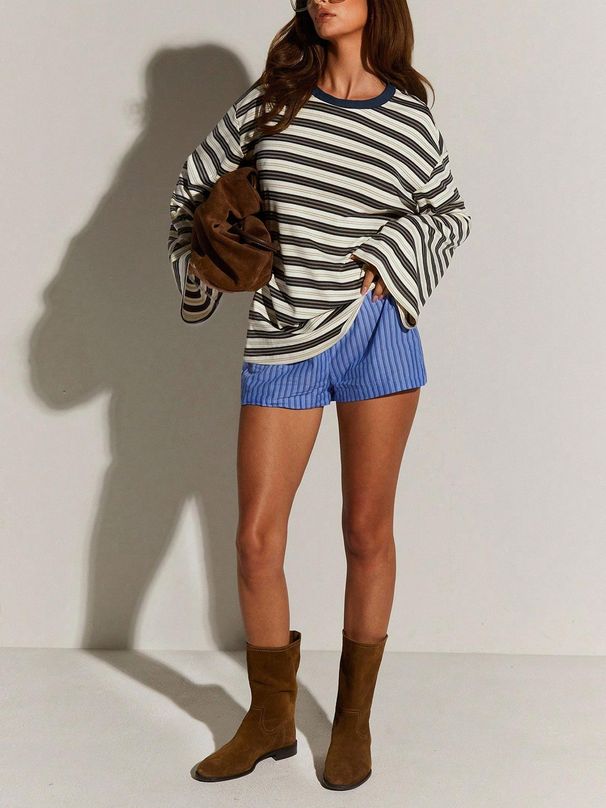 European And American Cross-border Casual Long-sleeve Striped T-shirt, New Knitted Color-blocked Round-neck Base_ecoleips.com