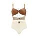 Women's Clothing Solid Color Gold Button Hollow One Piece Swimsuit Women's High Waist Slimming High End Bikini_ecoleips.com